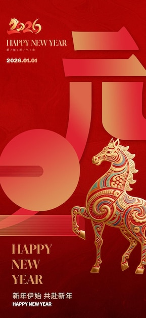 Chúc mừng năm mới 2026 với minh họa ngựa trang trí hoa văn vàng.