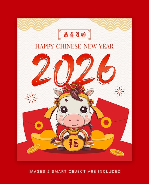 Chúc mừng Tết Nguyên Đán 2026 với nhân vật ngựa dễ thương và các biểu tượng thịnh vượng.