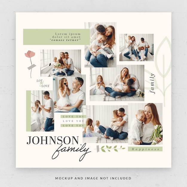 Family moment photo collage card square flyer template in psd