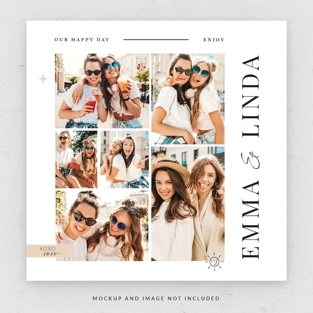 Friendship photo collage card square flyer template in psd