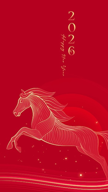 Poster chúc mừng năm mới màu đỏ với minh họa năm Ngựa dạng xếp lớp