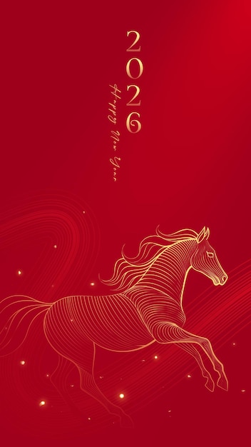 Poster chào mừng năm mới màu đỏ với minh họa ngựa dạng xếp lớp