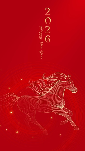 Poster chào mừng năm mới màu đỏ với minh họa năm Ngựa dạng xếp lớp.