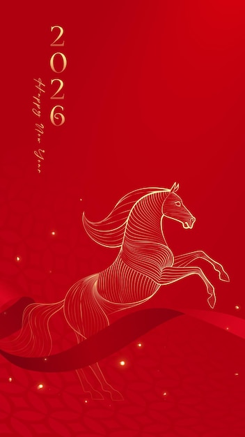 Poster chào mừng năm mới màu đỏ với minh họa năm Ngựa dạng xếp lớp