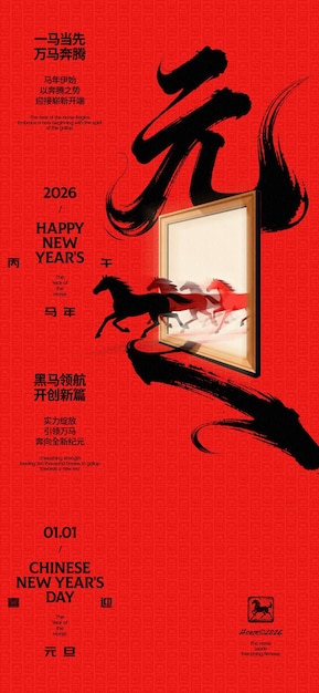 Poster Tết Nguyên Đán 2026 năng động với đàn ngựa phi nước đại và thư pháp.