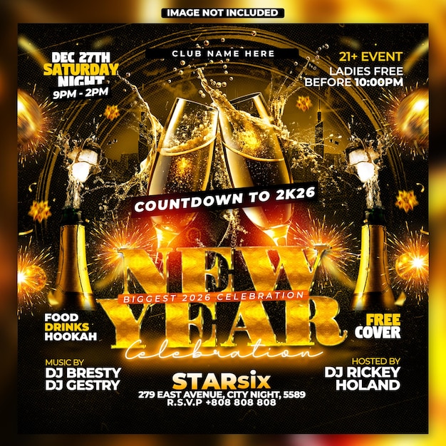 Tờ rơi tiệc đêm giao thừa năm mới 2026 sang trọng, lộng lẫy.