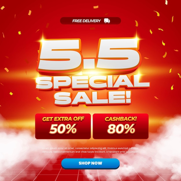5 5 shopping day sale discount deals with red gradient editable text bold cloudy confetti banner
