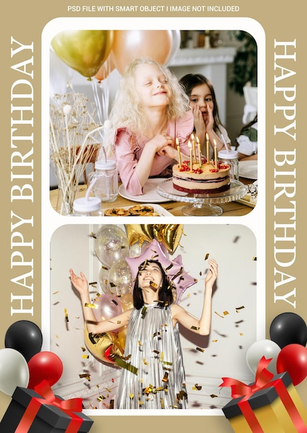 A collage of photos with a girl and a cake with the words birthday on it