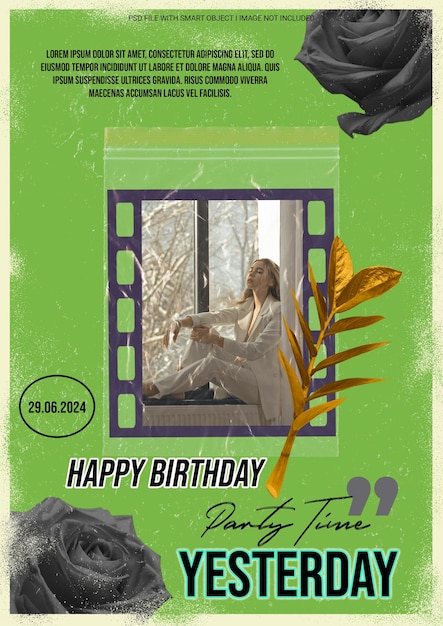 A poster for a birthday party with a woman sitting in front of a window