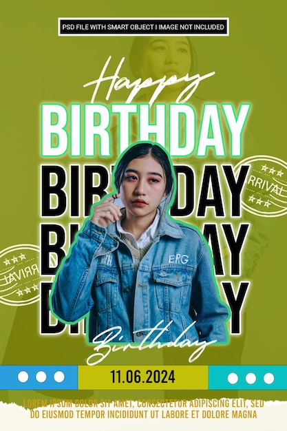 A poster for a birthday with a girl in a denim jacket