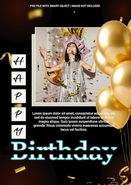 A poster for the birthday party with a woman holding balloons