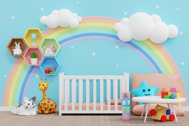Baby kid room wall decoration doll and toy nursery children room 3d rendering