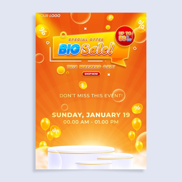 Big sale vertical poster flyer design template with podium isolated on abstract background