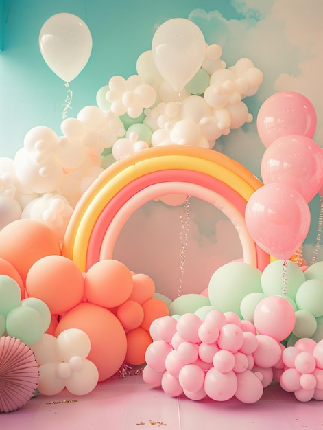 Birthday backdrop arrangement with vibrant colored balloons rainbow and clouds