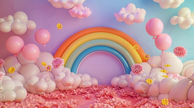 Birthday backdrop arrangement with vibrant colored balloons rainbow and clouds