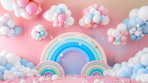Birthday backdrop arrangement with vibrant colored balloons rainbow and clouds