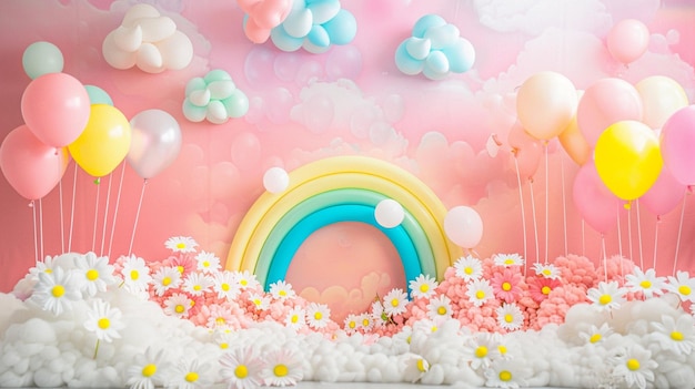 Birthday backdrop arrangement with vibrant colored balloons rainbow and clouds