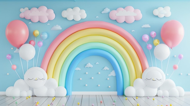 Birthday backdrop arrangement with vibrant colored balloons rainbow and clouds