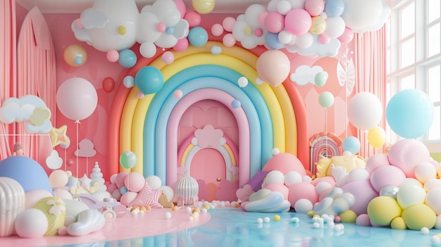 Birthday backdrop arrangement with vibrant colored balloons rainbow and clouds