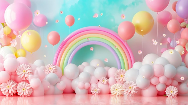 Birthday backdrop arrangement with vibrant colored balloons rainbow and clouds