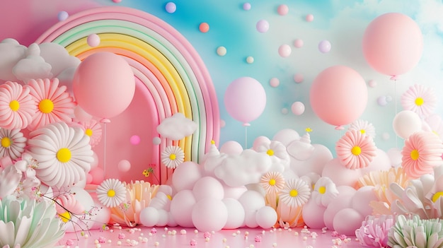 Birthday backdrop arrangement with vibrant colored balloons rainbow and clouds