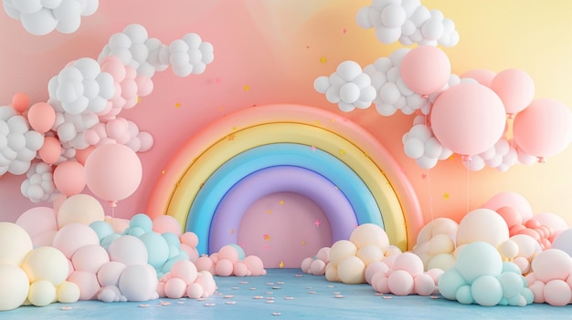 Birthday backdrop arrangement with vibrant colored balloons rainbow and clouds