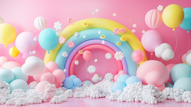 Birthday backdrop arrangement with vibrant colored balloons rainbow and clouds