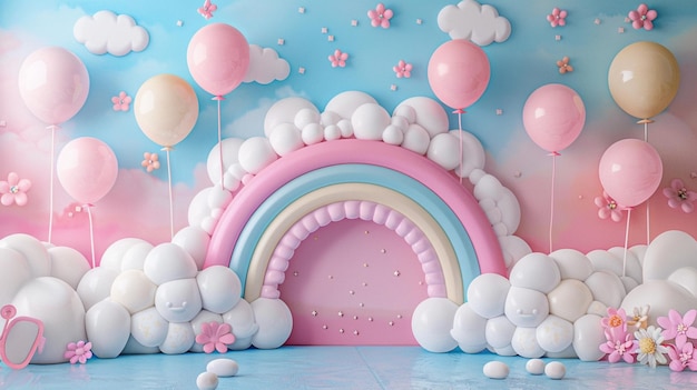 Birthday backdrop arrangement with vibrant colored balloons rainbow and clouds