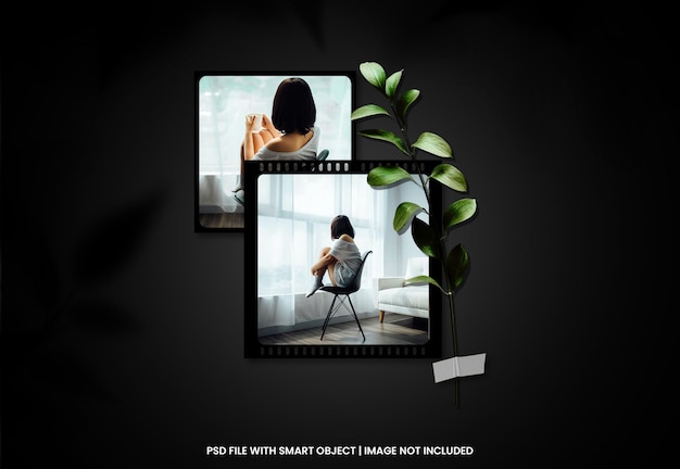 Black photo frame polaroid mockup with shadow overlay premium psd