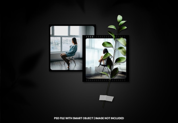 Black photo frame polaroid mockup with shadow overlay premium psd
