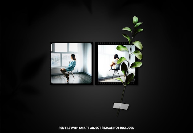 Black photo frame polaroid mockup with shadow overlay premium psd
