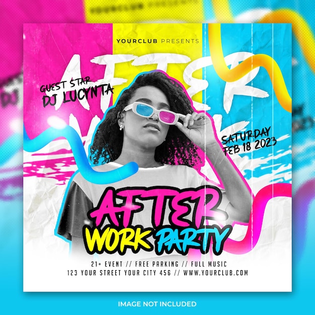 Club dj after work party colorful social media post or flyer template