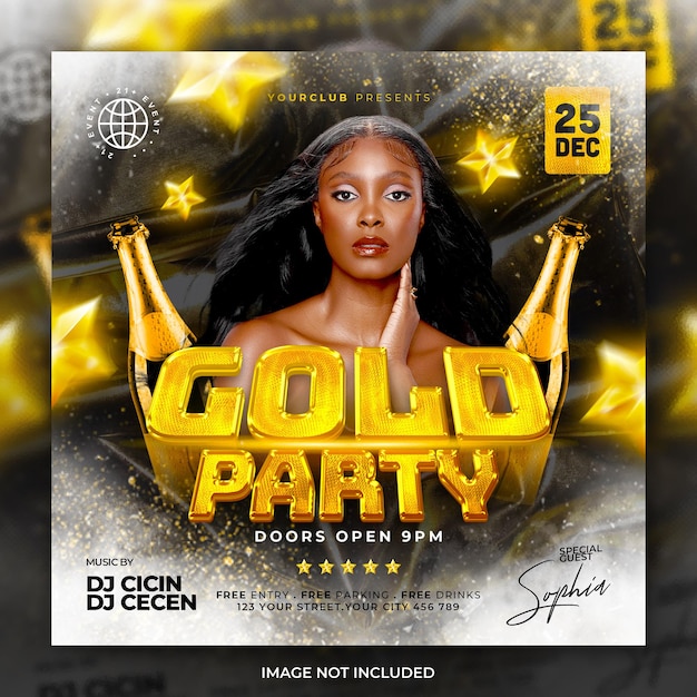 Club dj music gold party social media post or flyer template