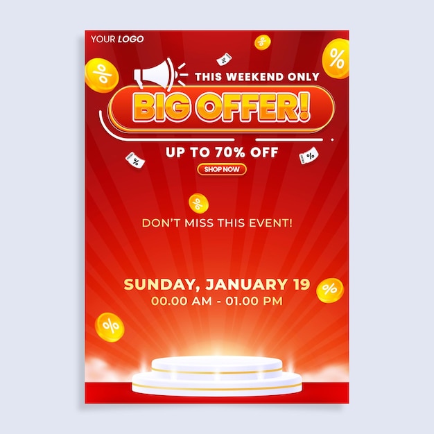 Colorful big offer sale vertical poster flyer design template with podium