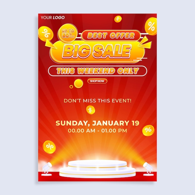 Colorful big sale vertical poster flyer design template with podium