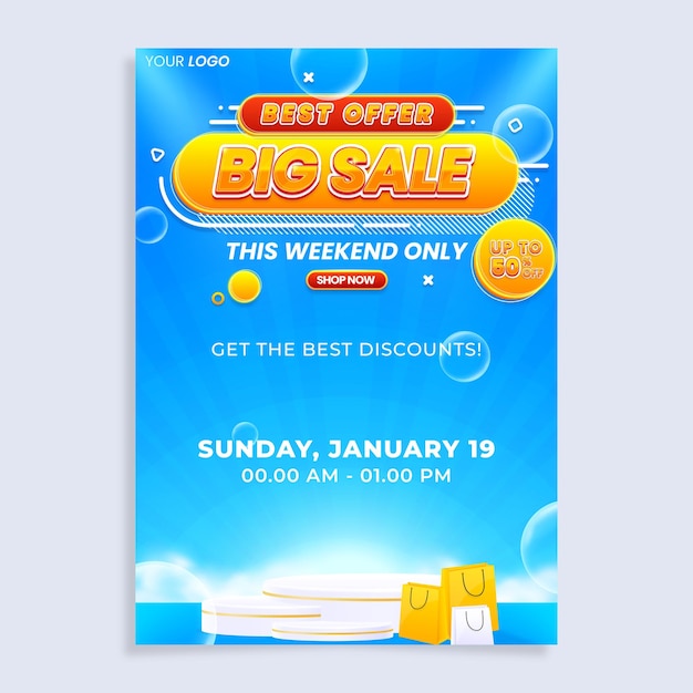 Colorful big sale vertical poster flyer design template with podium