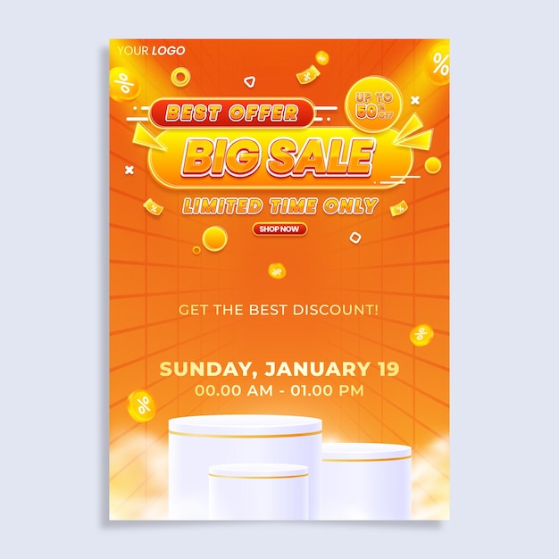 Colorful big sale vertical poster flyer design template with podium