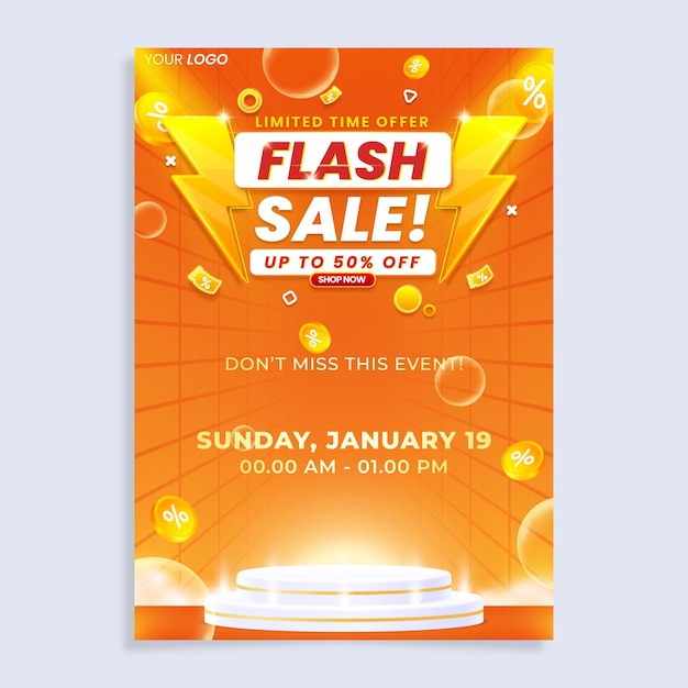 Colorful flash sale vertical poster flyer design template with podium