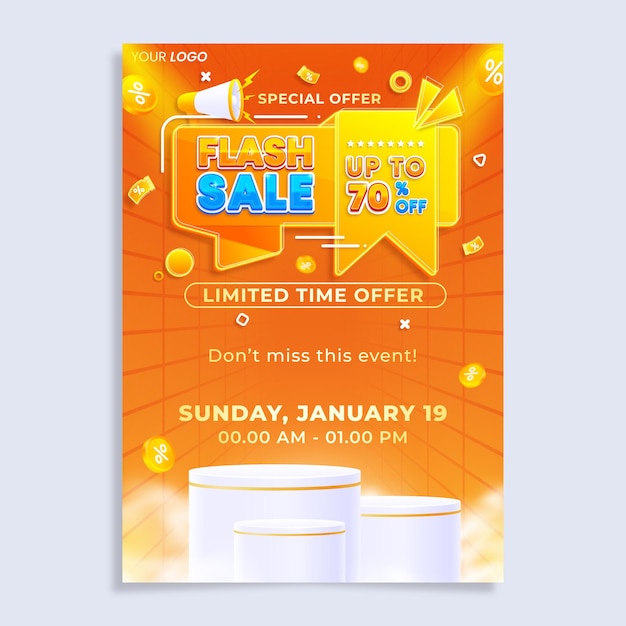 Colorful flash sale vertical poster flyer design template with podium