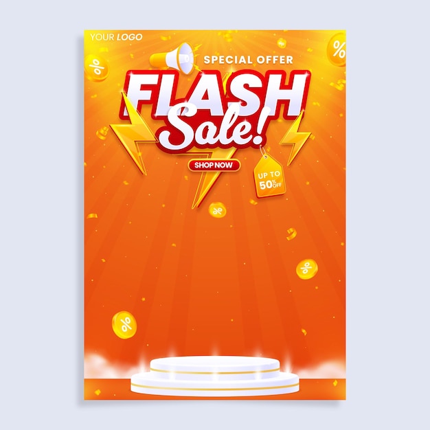 Colorful flash sale vertical poster flyer design template with podium