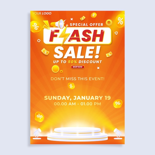 Colorful flash sale vertical poster flyer design template with podium