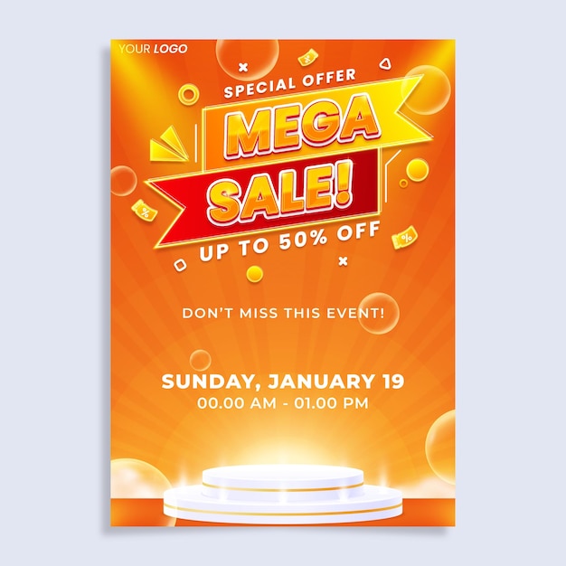 Colorful mega sale vertical poster flyer design template with podium