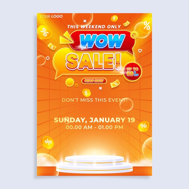 Colorful sale vertical poster flyer design template with podium