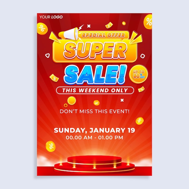 Colorful super sale vertical poster flyer design template with podium