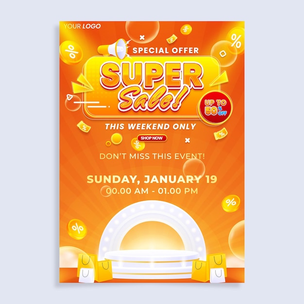 Colorful super sale vertical poster flyer design template with podium
