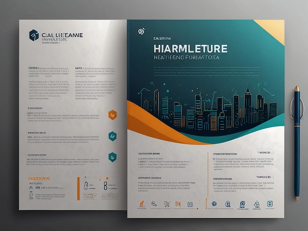 Corporate healthcare cover back page a4 template design and flat icons for a report and medical brochure design