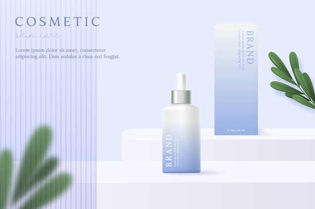 Cosmetics and skin care product ads template on purple background with leaves