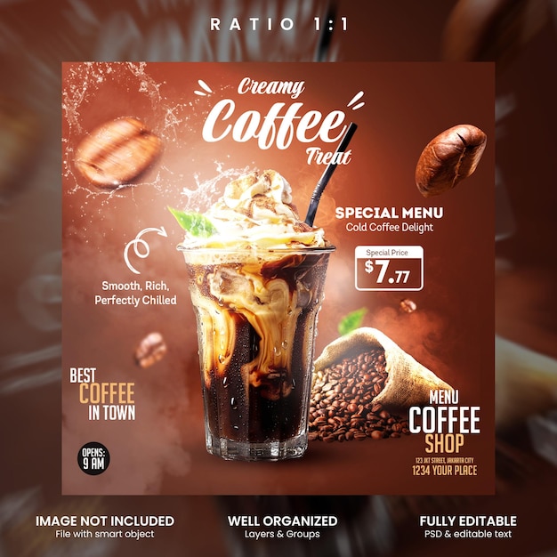 Creamy iced coffee treat cafe promo social media square template
