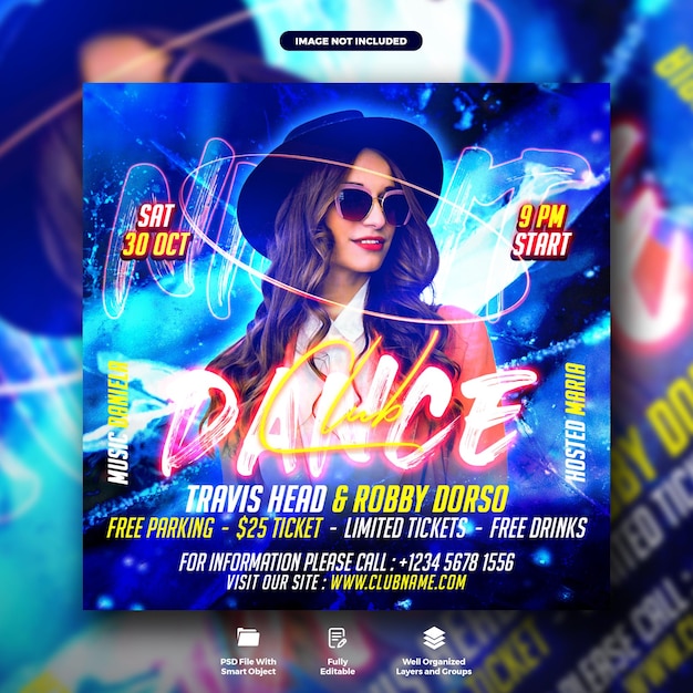 Dance club night party flyer and instagram post