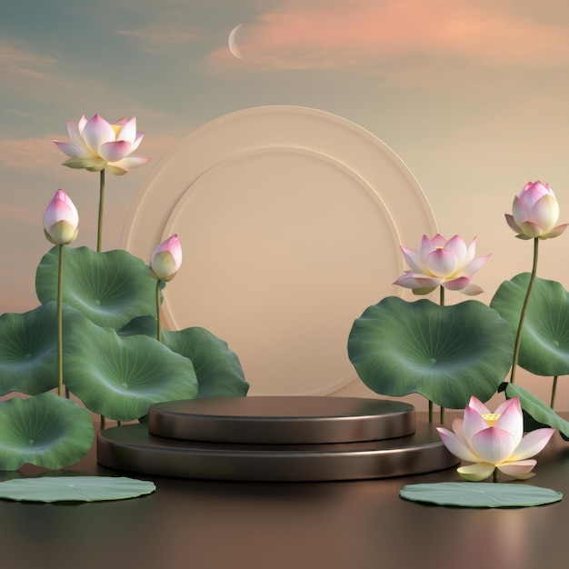 Dark wood podium with lotus flowers and pastel sky serene midautumn design
